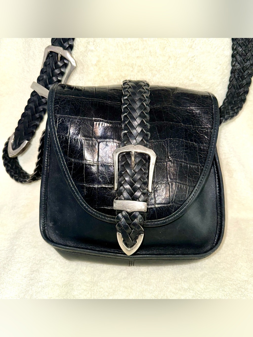 Vintage Brighton Black Croc Embossed Leather Flap Crossbody Bag Braided Strap